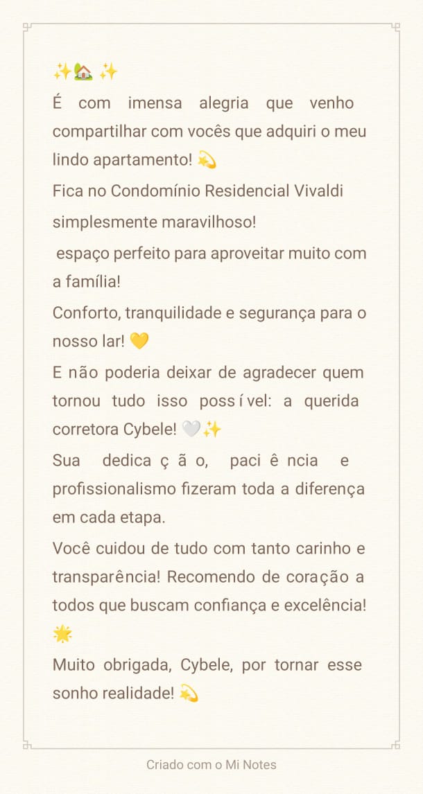 Mensagem da cliente Ângela elogiando o carinho, a transparência e o profissionalismo da Franzy Imóveis na compra do apartamento